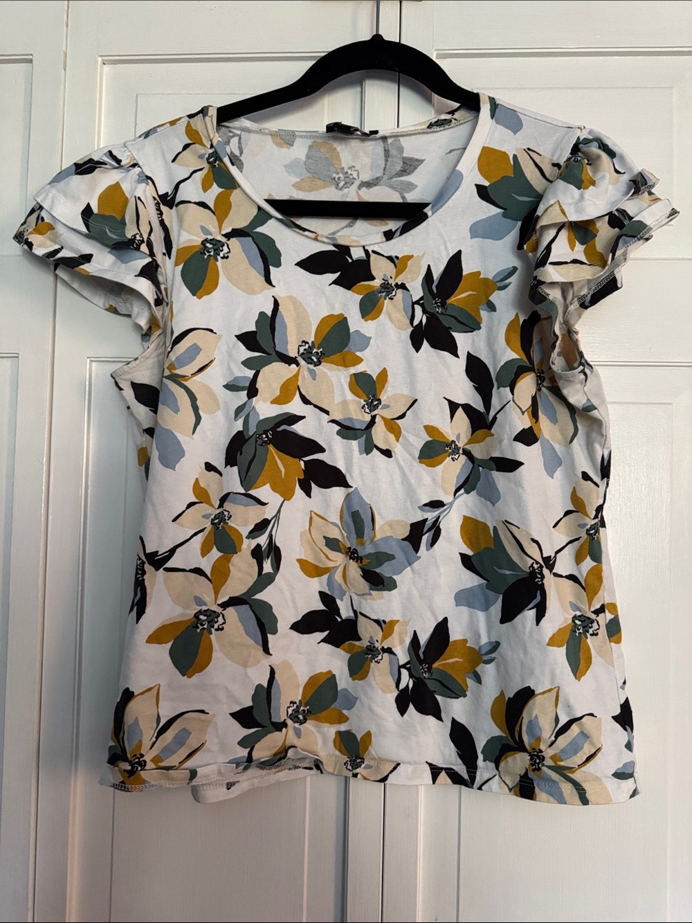 Ann Taylor Factory White Floral Short Sleeve Top with Mustard & Green